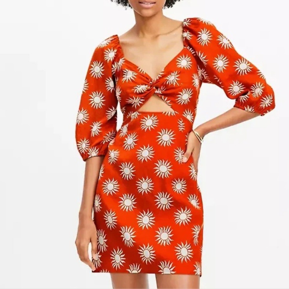 LOFT Beach Linen Sun Print Smocked Puff Sleeve Mini Dress Rust Orange Size S NEW